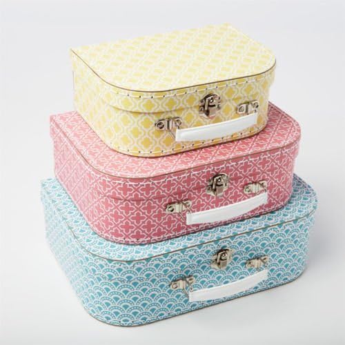 Set of 3 Bright Colour Moroccan Style Geometric Decorative Mini Suitcase Storage Keepsake Box for stationery, photos, cds, child's room