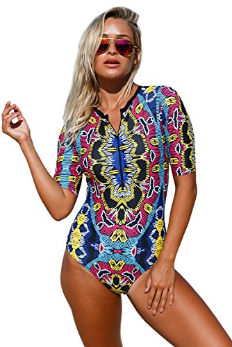 Hellotem Womens Sexy Shortsleeve Zip Front Rashguard One Piece Swimsuit