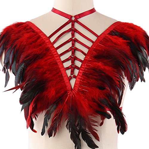 Feather Harness Caged Bralette Strappy Top Body Cage Plus Size Burning Man Goth Fetish Art Clothing (Wine Red)