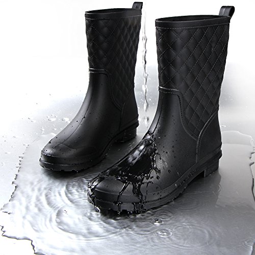 17KM Womens Black Short Anti Slip Rain Boots Mid-Calf Waterproof Rubber Garden Rain Shoes 9 US, Grid Black