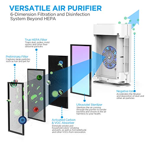 MOOKA True HEPA Air Purifier Up to 540 Sq.Ft, 6-Point Filteration, Large Room Odor Eliminator for Allergies and Pets, Ionic Air Cleaner & UV-C Sterilizer Eliminate Germs, Mold, Smoke for Home, Office