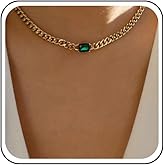 Iaceble Boho Emerald Choker Necklace Gold Square Emerald Pendant Necklace Chunky Curb Chain Necklace Rectangle Emerald Square Necklace Chain Jewelry for Women