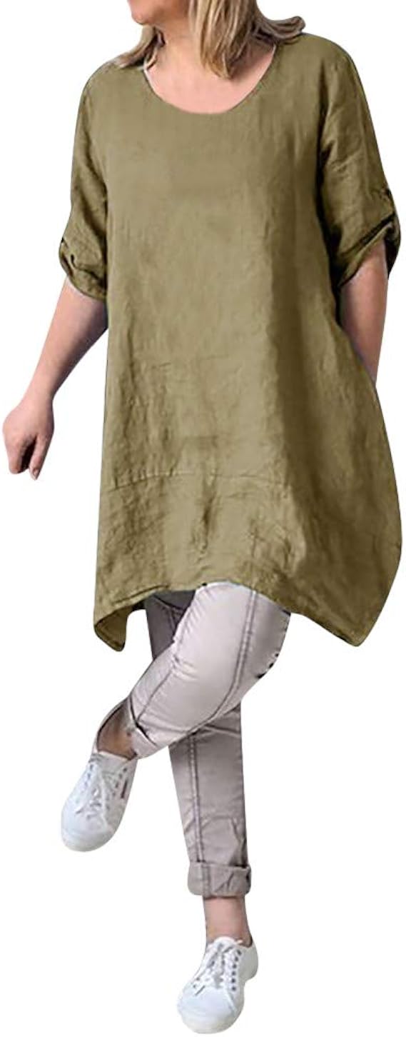 Amazon リネン 半袖 上着 Florrita 女性 袖調整可能 ゆったり Aライン リネン 膝丈 Tシャツワンピース 着痩せ 大きいサイズ S 5xl 体型カバー ンロング ジャンパースカート 無地 ナチュラル 綿麻 不規則な裾 トップス ワンピース チュニック 通販