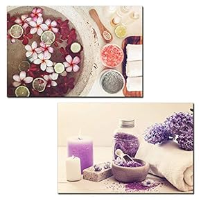 2 Panel Canvas Wall Art - Spa Still Life with Flowers and Bath Salts - Giclee Print Gallery Wrap Modern Home Art Ready to Hang - 16"x24" x 2 Panels