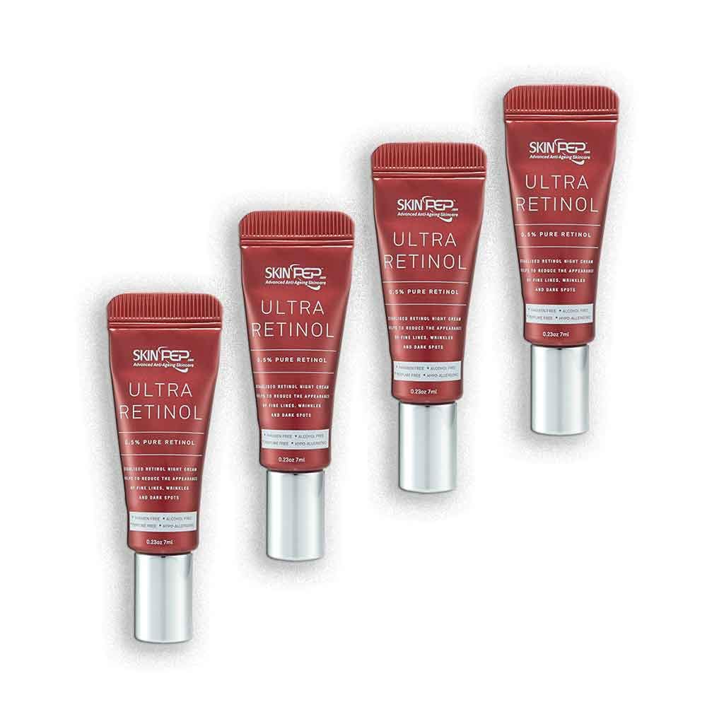 Ultra Retinol 0.5% Encapsulated Growth Factor (FGF, TGF) Night Cream - Algae Ext, Vit E, Red Ginseng, Ginkgo Biloba, Grape Seed Ext- Korean Inspired Glass Skin By SkinPep (4 x 7ml Tubes 28ml)