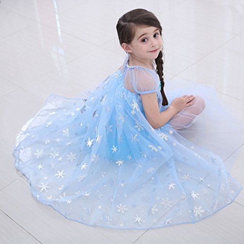 Cotrio Elsa Costume Dress Girls Snow Queen Princess Dresses Kids Halloween Outfit Clothes Party Fancy Dress with Wig, Gloves, Tiara, Wand Size 8 (7-8 Years, Blue, 130)