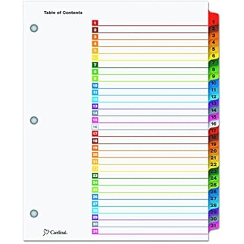 Cardinal 60118 Traditional OneStep Index System, 31-Tab, 1-31, Letter, Multicolor (Set of 31)