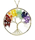 BOUTIQUELOVIN Tree of Life Wire Wrap 7 Chakra Gemstone Pendant Necklace on 30