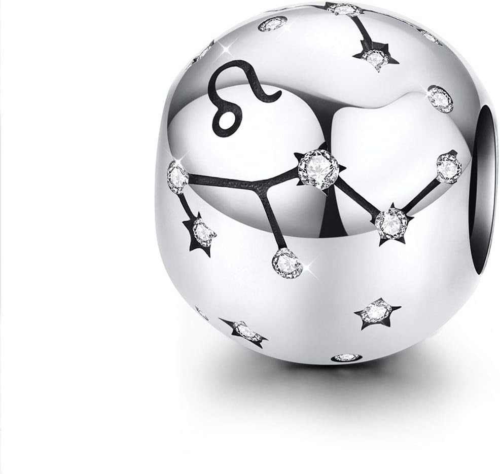 Sterling Silver Leo Charms Zodiac Sign Bead 12 Constellations Cubic Zirconia Charm Compatible with Pandora Bracelet and Necklace