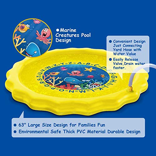 HISTOYE Splash Pad for Toddlers Kids Sprinkler Summer 63" Large Size Sprinkle Play Mat Outdoor Fun Lawn Water Mat Toy Age 3-5 Toys Wading Pool for Girl Boy Babies - Thumbnail 2
