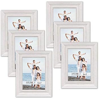 LaVie Home 5x7 Picture Frames (6 Pack, Distressed White Wood Grain) Rustic Photo Frame Set with High Definition Glass for Wall Mount & Table Top Display, Set of 6 Elite Collection
