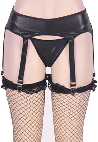 Women's Garter Panty Belt Set Faux Leather with G-string Black