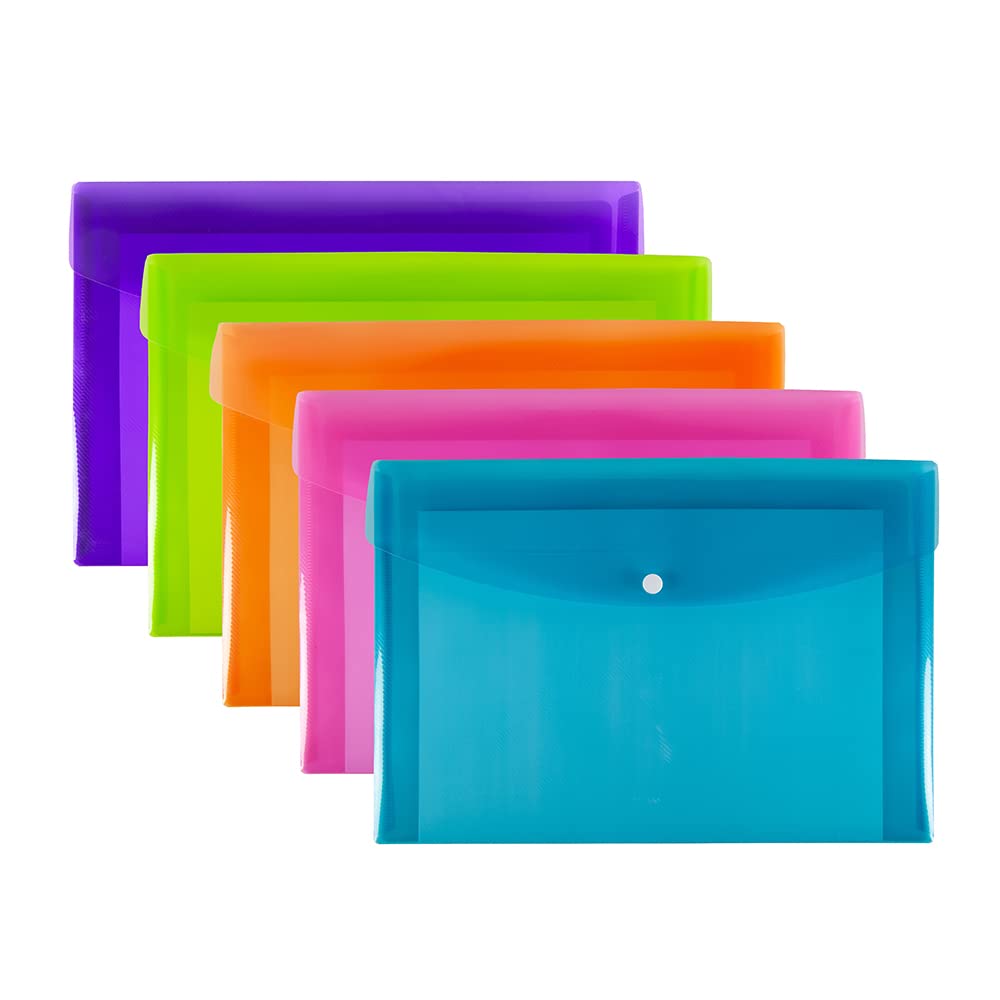 SUMMIT A4+ Heavy Duty Plastic Popper Wallets, Assorted Colours, Document Folders, Pack of 5