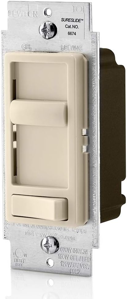 Leviton 6674-P0W SureSlide Universal 150-Watt LED and CFL/600-Watt Incandescent Dimmer, White - Wall Dimmer Switches - 