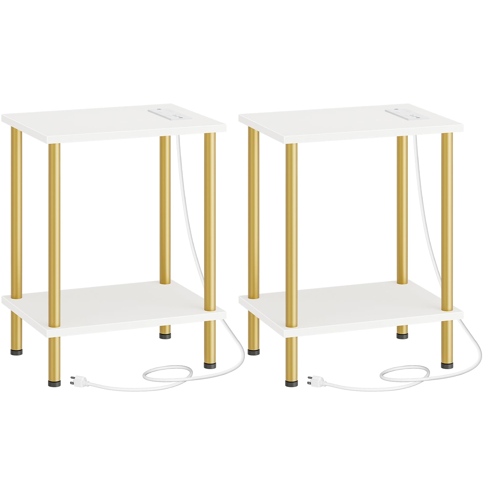 HOOBRO Side Table with Charging Station, Set of 2 End Tables with USB Port and Outlets, Nightstand with 2-Layer Storage Shelves for Small Spaces, Living Room, Bedroom, White and Gold DW09UBZP201 Image