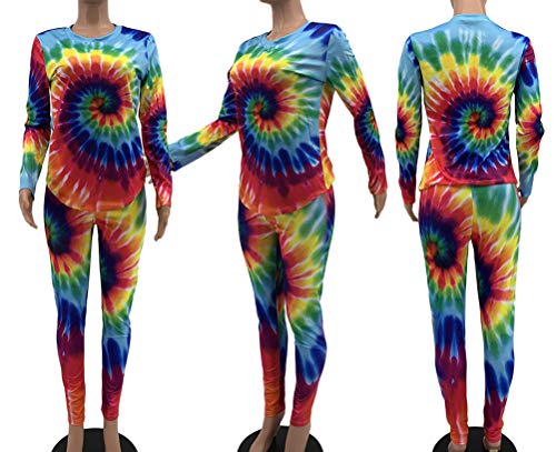 Womens Two Piece Outfit Plus Size Tracksuit Tie Dye Shirt Long Jogger Sportswear Set Activewear Red L - Thumbnail 5