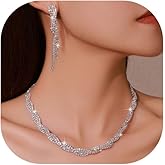 Brihasory Rhinestone Tassel Earrings and Necklace Sets for Women Crystal Drop Earrings Dangle Bridal Silver Choker Necklace for Wedding Party Prom Jewelry Chain