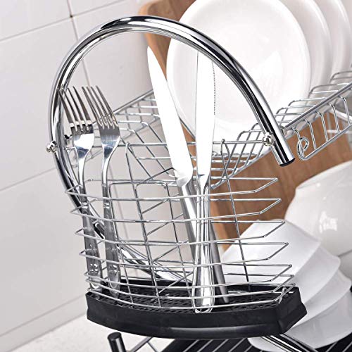 ENGELCH Rust-Proof Chrome Finished 2-Tier Kitchen Dish Drying Rack, Dish Rack With Black Drain Board, 1 Wide Tableware Rack and Knife Holder Accessory, 6 Independent Cup Holder Accessories