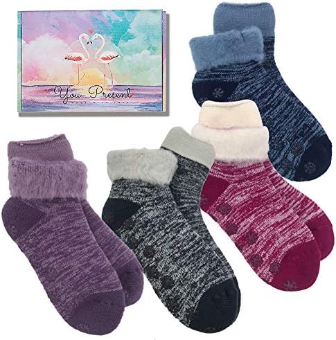 Sondity 「4足組」冬 レディースソックス 裏起毛 極厚 ルーム靴下 暖かい 滑り止め付き モコモコ 可愛い 発熱 冷え取り 防寒 保温力 消臭抗菌22-25CM