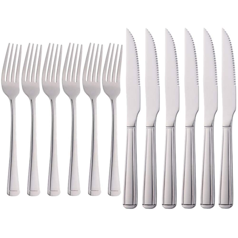 Meisha Harley Pattern Steak Knife and Fork Set, Silver Table Knife Set, 6 Steak Knives & 6 Dinner Forks, Stainless Steel Professional Serrated Steak Knives for Multipurpose (Pack of 12)
