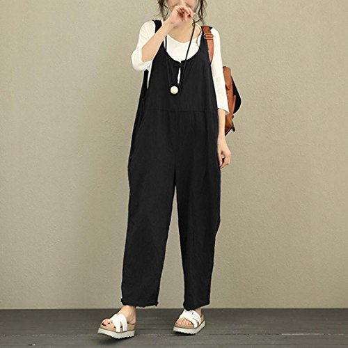Highpot Women Plus Size Baggy Linen Overalls Wide Leg Pants Rompers Jumpsuit (M, Black)