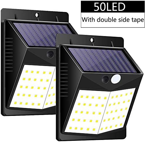 Solar Lights Outdoor, Jorft 2 Pack 50 LED 500LM Wireless Solar Wall Lamp Human/Light Sensor Waterproof Bright Lights for Garden, Fence, Door, Yard or Entrance Use with Double-Side Tape [Energy Class A+++]
