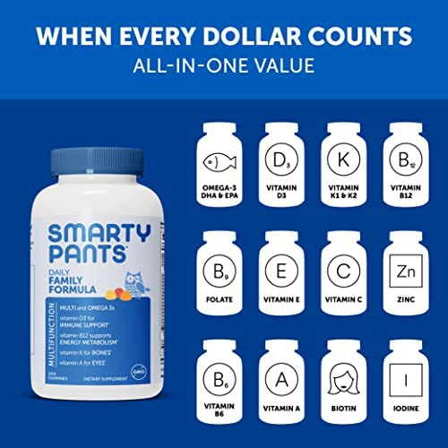 SMARTYPANTS MULTIVITAMIN FOR MEN, WOMEN & CHILDREN: VITAMIN GUMMIES WITH OMEGA 3 FISH OIL (EPA/DHA), METHYLFOLATE, VITAMIN D3, C, VITAMIN B12, B6, VITAMIN A, K & ZINC, 200 COUNT (30 DAY SUPPLY)