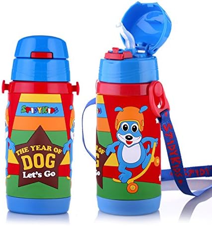 Vacuum Insulated Stainless Steel Water Bottle With Straw, 12-Ounce, Sports Water Bottle For Kids (Blue Dog)