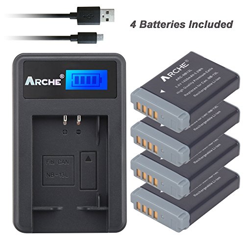 ARCHE NB-13L CB-2LH <4 Pack> Battery and LCD Single Charger Kit for [Canon PowerShot G1 X Mark III, G5 X, G7 X, G7 X Mark II, G9 X, G9 X Mark II, SX620 HS, SX720 HS, SX730 HS]