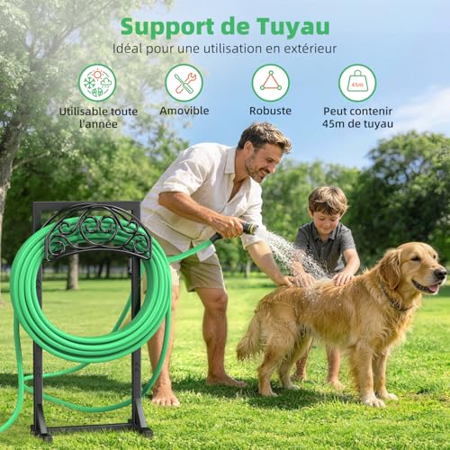 iRhodesy Garden Hose Holder, 109.5 cm Garden Hose Holder 45 m with 2 Tool Hooks and 4 Anchor Tips, Removable and Freestanding Garden Lawn Stand