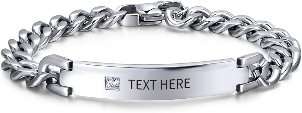 MPRAINBOW Personalized Free Engraving Custom Stainless Steel Link Chain Bracelet for Men,21.5cm,Adjustable