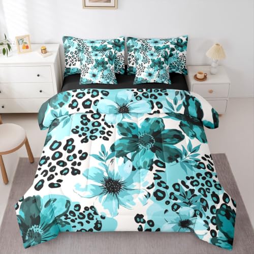 Erosebridal Leopard Print 7 Pcs Bedding Set Queen Turquoise Blue Flower Floral Comforter Set with Sheets Cheetah Decor Bed in A Bag Geometric Modern Bedroom Decor at Amazon