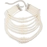 Octwine Boho Round Imitation Pearl Layered Choker Necklace Multi Strands Vintage 1920s Bridal Wedding Christmas Vintage Shiny Large Necklace for Women (Silver 3)