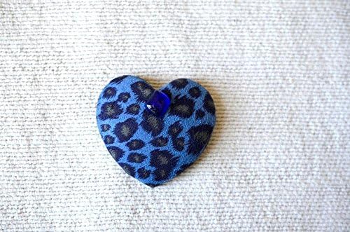 Heart Brooch, Scarf Pin, Heart Jewelry, Leopard print, Animal print, Blue pin, Fabric Brooch, Heart brooch pin, Coat pin, Funky Jewelry