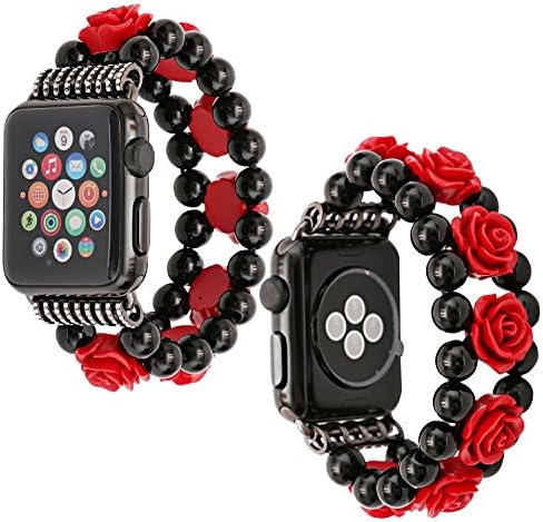 Elastic Stretch Faux Pearl Bracelet Beaded Sport Band for Apple Watch 42mm 38mm Soft Silicone Strap Replacement iWatch Series 3 Series 2 Series 1 Women Girls Teen (Black Bead Rose Flower, 38mm)