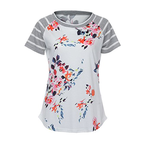 Pengy Clearance Women Short Sleeve Striped Floral Printed Blouse Shirt Tops (M, White)