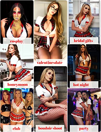 ADOME Lingerie for Women Sexy Cosplay Lingerie Set Naughty School Girl Outfit Roleplay Costume with Mini Skirt(White,M)