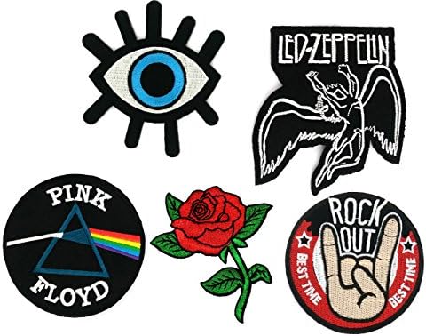 Set_ROCK029 - Pink Floyd, Led Zeppelin, Red Rose, Eye Eyeball Tattoo and Rock Out Patch (5 Pcs Heavy Metal Punk Rock Applique Embroidered Patches)