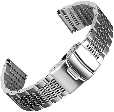Geckota Tapered Solid Mesh Stainless Steel Watch Band, Deployment Buckle, Brushed/Polished, 20mm