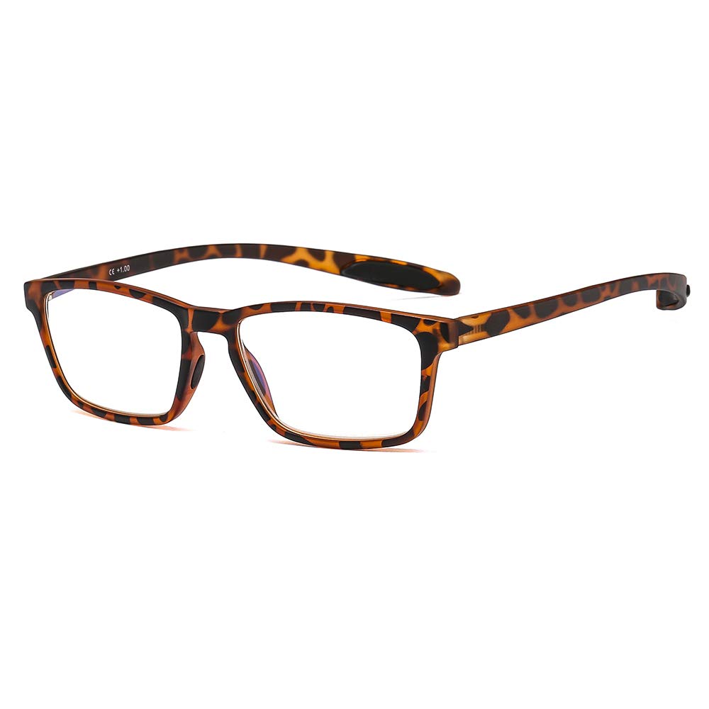 Suertree Blue Light Blocking Computer Reading Glasses, Rectangle TR90 Smooth Surface Frame Readers Spring Hinges Anti Eyestrain Gaming Glasses Unisex Leopard 1.50x