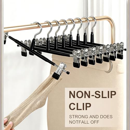 Supmaker 10 Pack Chrome Trouser Hanger,Heavy Duty Metal Pants Hangers, Skirt Hangers with Non-Slip Adjustable Clips,Space Saving Clothes Jeans Organizer