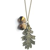 EnchantedBeads Autumn Jewelry, Acorn Large Oak Tree Leaf, Brass Pendant, natural acorn cap Nature Statement, Tiger Eye Bead Necklace