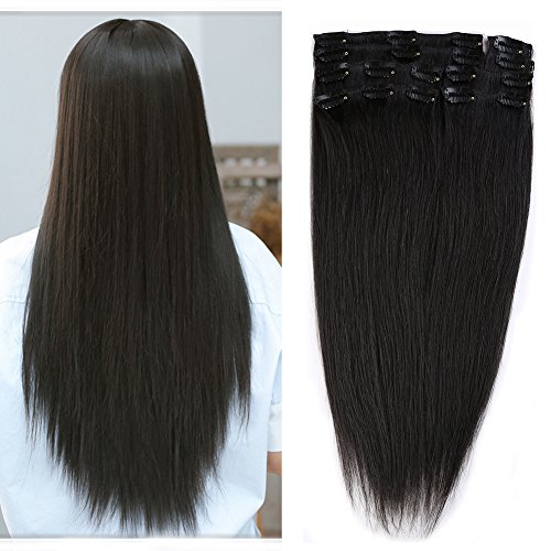 Clip in 100% Remy Human Hair Extensions #1B Natural Black Grade 7A Quality Full Head 8pcs 18clips Long Soft Silky Straight for Women Fashion 90g 16" / 16 inch