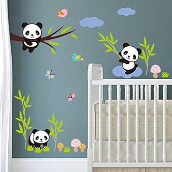 BIBITIME Forests Birds Butterfly Panda Family Wall Decor Kids Baby Nursery Bedroom Stickers Mural Decals