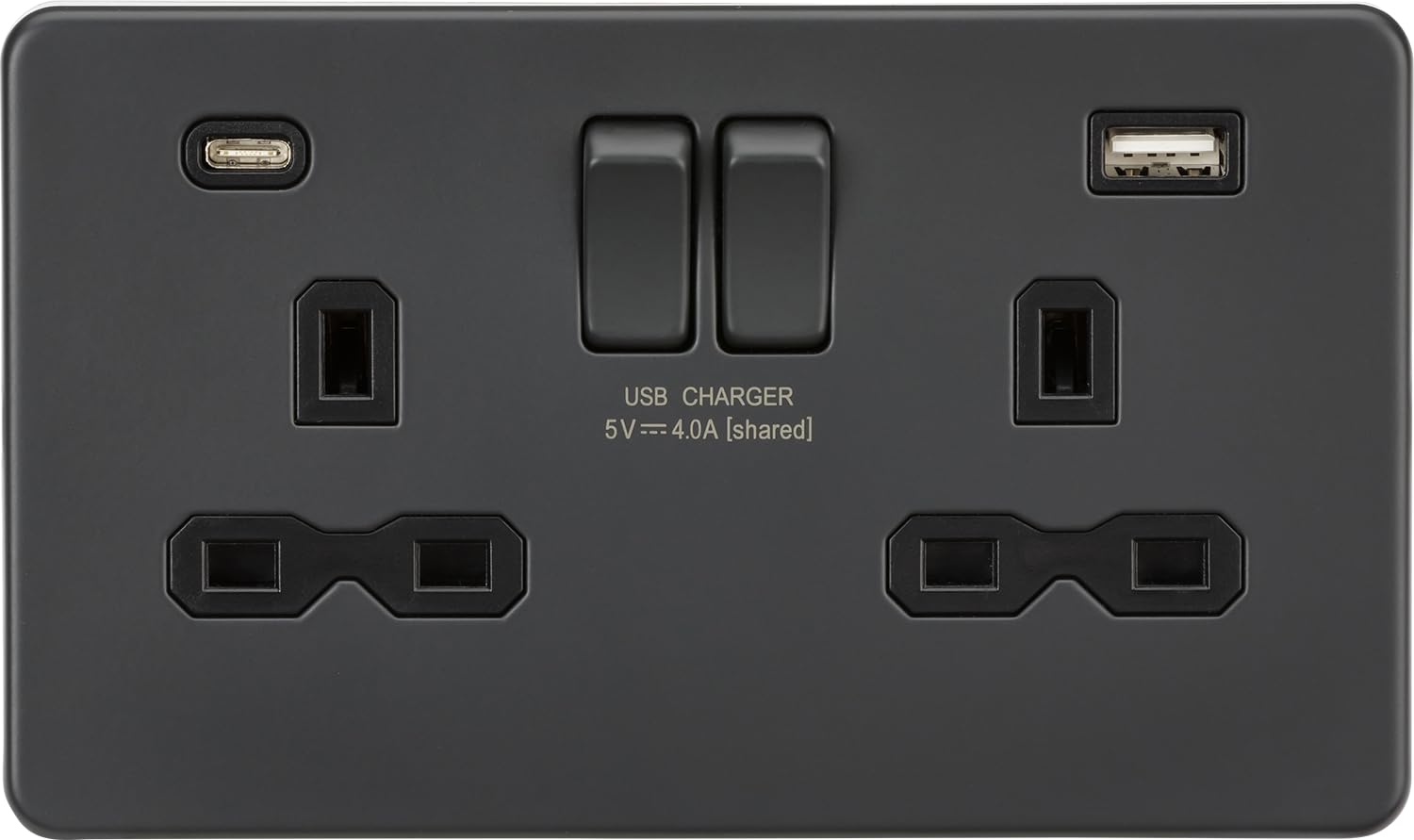 13A 2G SP Switched Socket with Dual USB A+C (5V DC 4.0A shared) - Anthracite with Black Insert