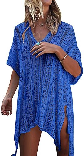 HIYIYEZI Women’s Bathing Suit Cover up Beach Bikini Swimsuit Swimwear Crochet Dress (OneSize, Blue)
