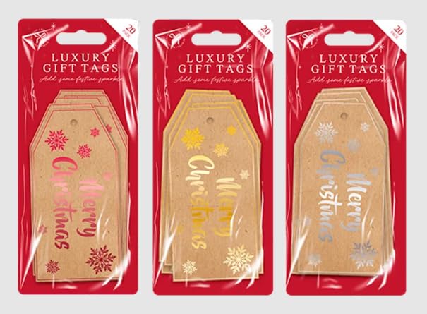 JKG® 20 Pack Merry Christmas Tags - Luxury Kraft Paper Cardboard Gift Tags | Xmas Gift & Twine Jute String, Christmas Name Label Rustic Home Decorations | Xmas Present | Assorted