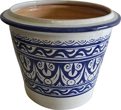 MAISON ANDALUZ Medium Old Fez Hand Painted Moroccan Ceramic Pot/Planter from Fez, H 20 Di 26 cm - Blue Cobalt and White Design
