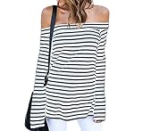 ZJCT Women's Off Shoulder Belled Long Sleeves Striped Shirts Casual Juniors Top WhiteStripes L
