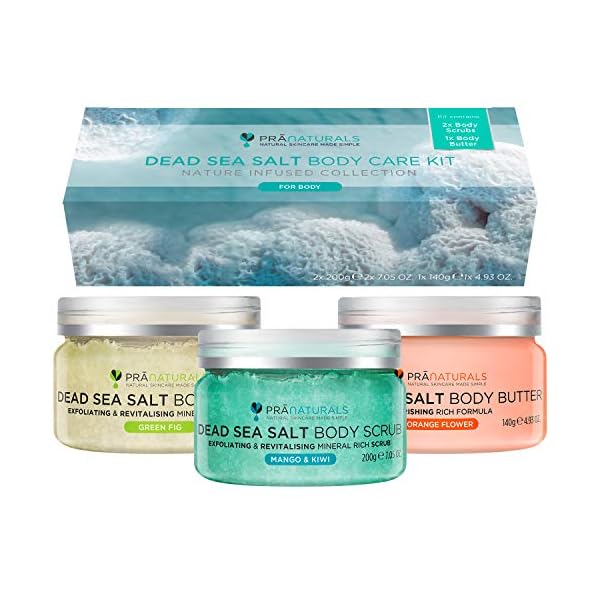PraNaturals Dead Sea Salt Body Care Kit – Exfoliating Scrub & Moisturising Body Butter for Smooth Skin – Mango & Kiwi…